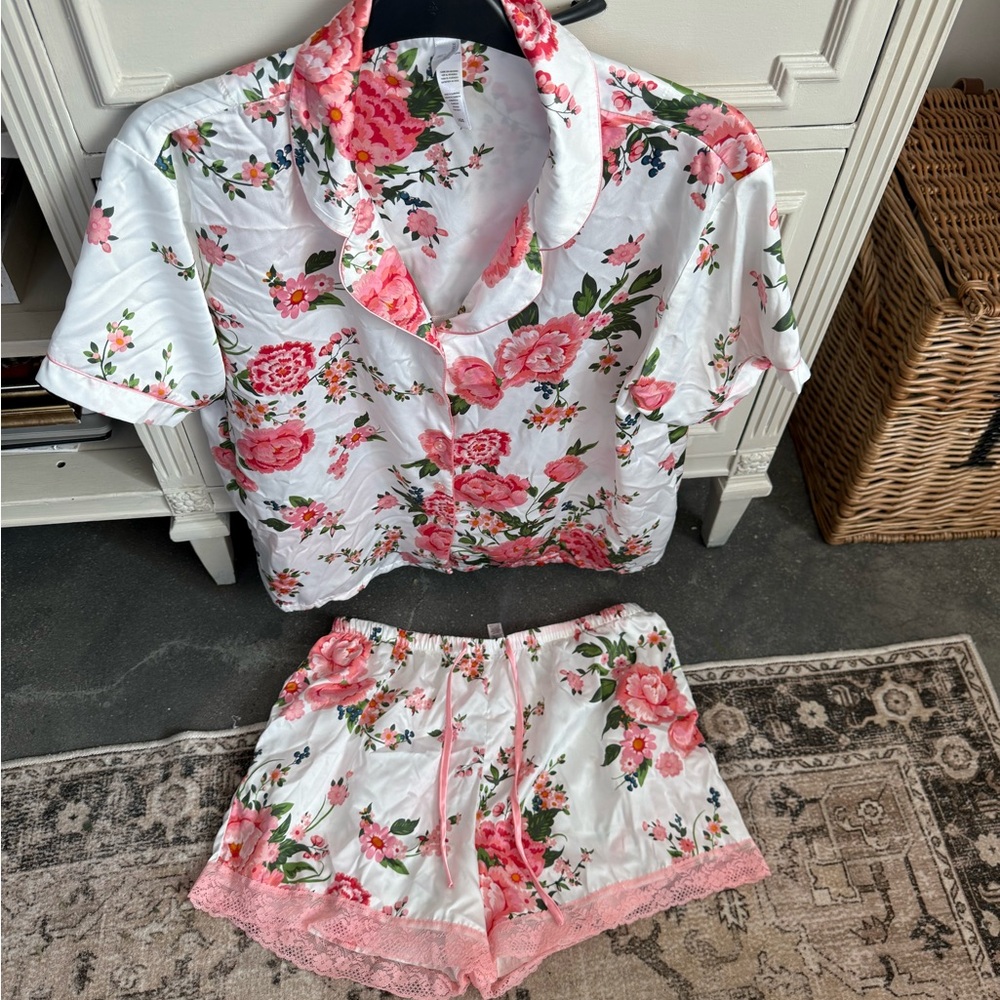 Flora Nikrooz White Satin Short Pajama Set with Pink Floral Print